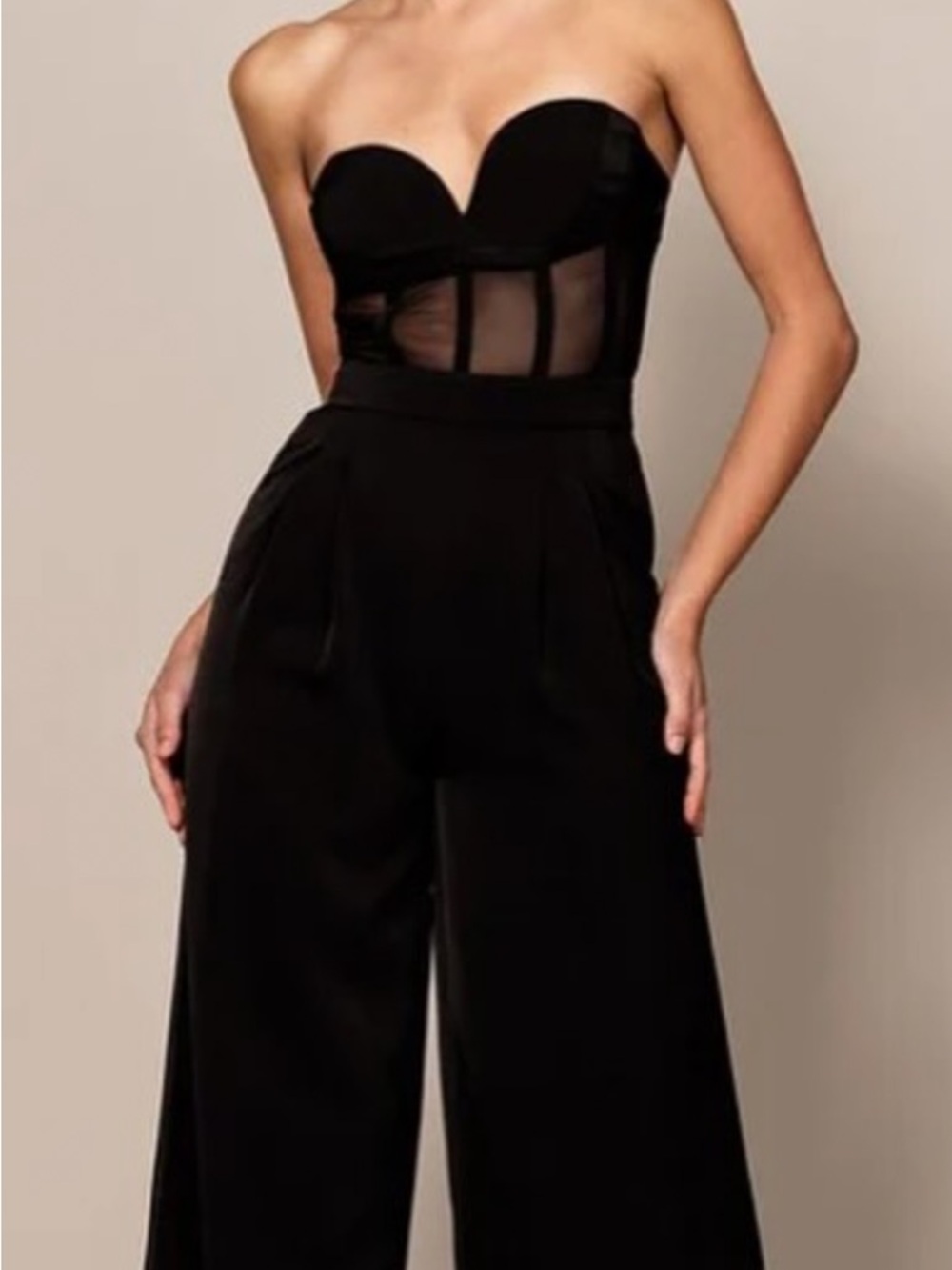 EB Luxe Black Strapless Wide-Leg Jumpsuit with Sheer Waist Panels